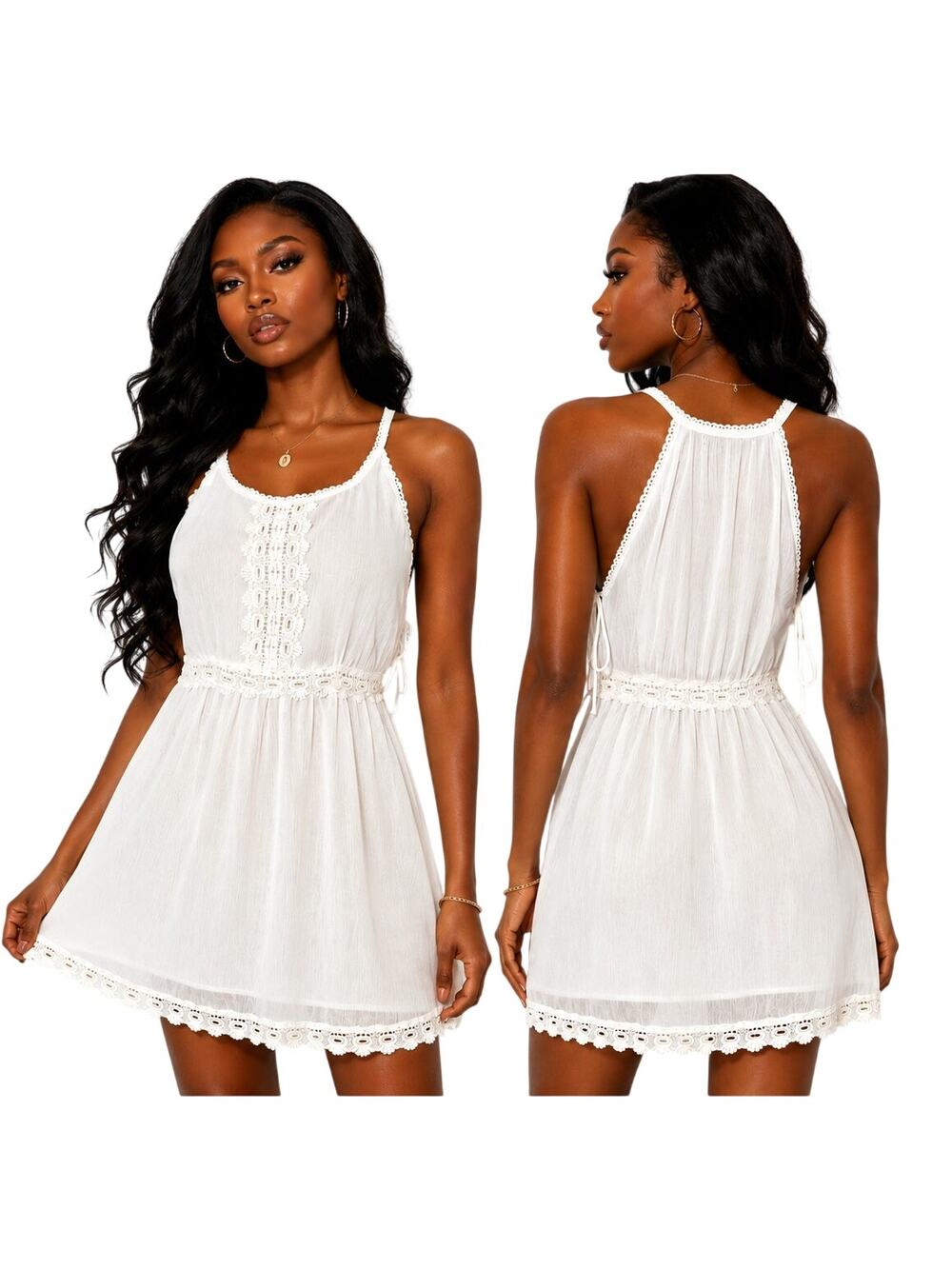 Love Stitch Womens Large White Boho Mini Dress Lace Trim Sleeveless Festival